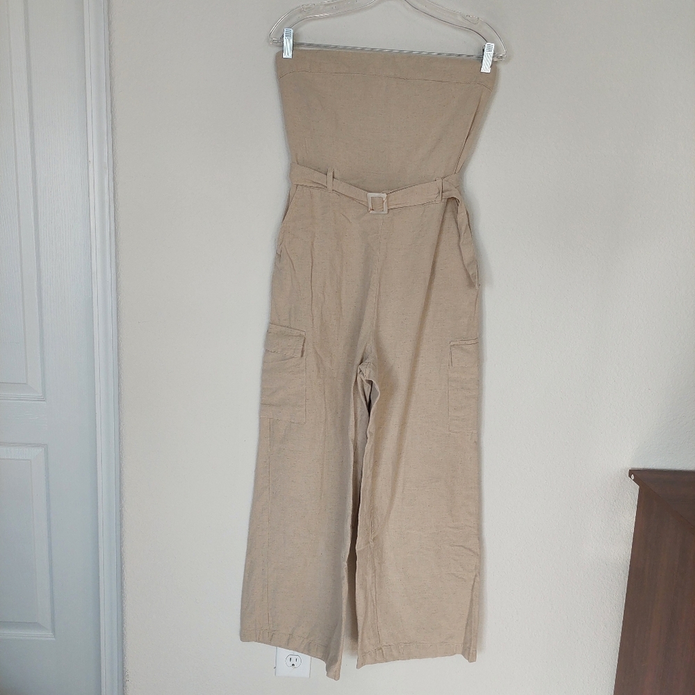 Sim&Sam Linen Cotton Blend Belted Wide Leg Cargo Strapless Jumpsuit‎ Size Large